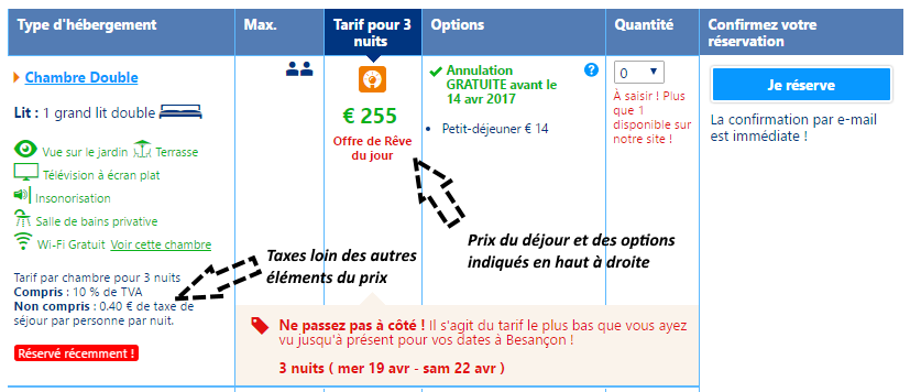 taxes peu visibles sur Booking.com